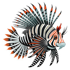 A striking lionfish with zebra-like stripes and elaborate spiky fins floats gracefully on white backdrop.