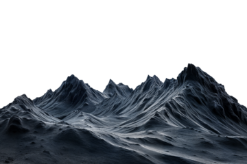 Rocky mountain range with dramatic peaks and barren landscape isolated on transparent background