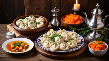 A rustic table setting featuring traditional dumplings, fresh herbs, a copper teapot, and colorful pickled vegetables