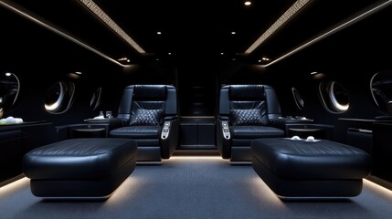 Obraz premium Luxurious private jet cabin interior. Spacious, dark, and opulent. High-end leather seating. Reclining chairs ideal for relaxation. Discreet lighting accents the seating and floor