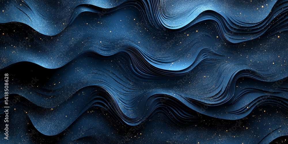 Poster dark blue waves ripple with golden glitter creating a luxurious and elegant design perfect for addin