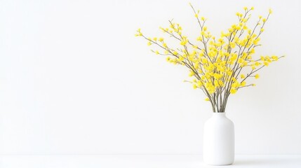 Obraz premium A white vase with yellow forsythia flowers on a minimalist white surface, bright and clean composition, and springtime floral arrangement concept.