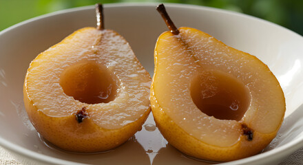 Halved Pears Ready Served In a White Bowl Close Up Photography