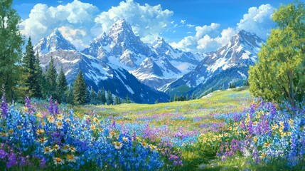 Vibrant Meadow with Colorful Flowers and Majestic Snow-Capped Mountains under Bright Blue Sky with Fluffy White Clouds