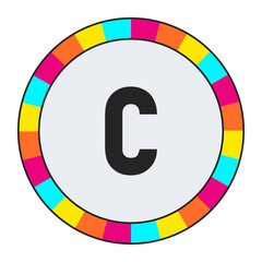 black lowercase letter c on light background with vibrant multicolor circle frame, enclosed in a black frame.