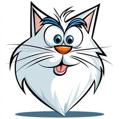 Whimsical cartoon cat face with large blue eyes and white patches