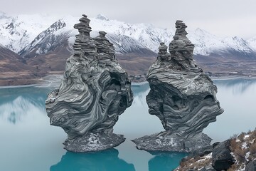 Dramatic rock formations in a serene alpine lake.
