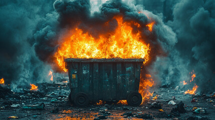 A burning dumpster with flames and smoke rising symbolizes environmental disaster pollution neglect and danger capturing the urgency of climate crises and industrial carelessness in modern society

