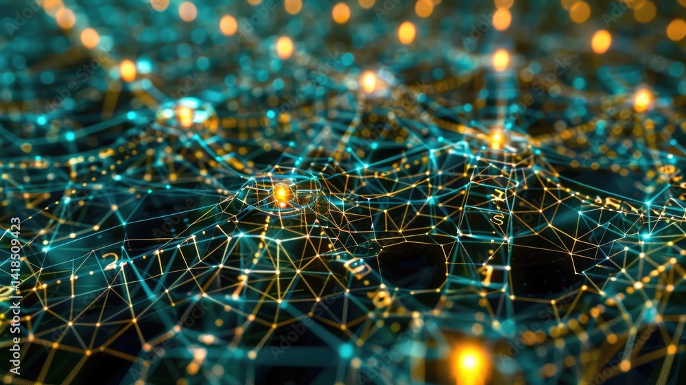 Poster a vibrant abstract illustration depicting a geometric network model. bright nodes and interconnected