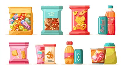 Illustration of various snacks and drinks, including candy bags, crackers, and soft drinks, in vibrant packaging with fun designs.