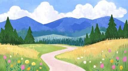 Serene mountain path winds through meadow bordered by wildflowers and tall trees