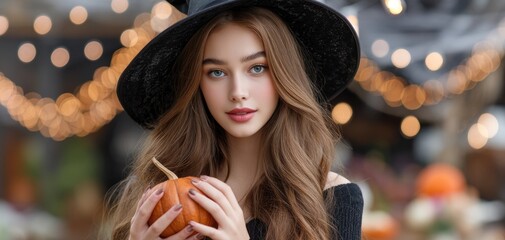 A beautiful young witch with bright blue hair, dressed in black and a hat, holds up an orange pumpkin to the camera
