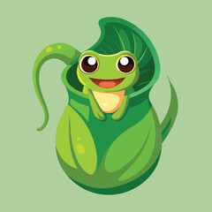 A tiny, bright green frog with large eyes peeks out from inside a curved, veined pitcher plant against a soft green backdrop.