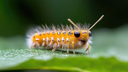 Fototapeta premium A vibrant orange caterpillar with black spots crawling on a green leaf, close-up view of natures intricate details, and macro photography.