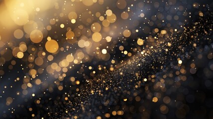 Obraz premium Golden bokeh lights on dark background. Abstract digital art for design with glowing and golden glittering texture. Luxury and elegant concept. Black background. Warm and festive atmosphere. AIG53.
