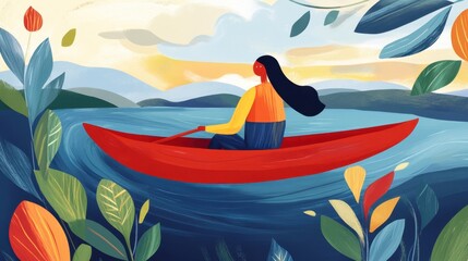 Serene solo row Red boat amid blue ripples silhouetted by distant mountains