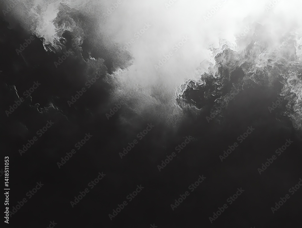 Poster a grayscale image shows a dramatic contrast of dark and light clouds creating an abstract art piece.