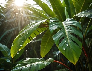 Tropical Leaf with Water Droplets Sparkling in Sunlight