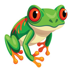 A vibrant green tree frog with striking red eyes and bright orange feet clings to an unseen surface  white background.