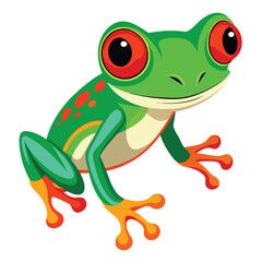A vibrant green tree frog with striking red eyes and bright orange feet clings to an unseen surface  white background.