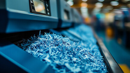Close-up of a paper shredder filled with shredded documents in a bright white office background symbolizes data destruction privacy protection secure disposal and the impermanence of information

