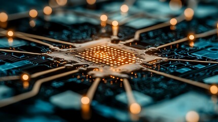 Close-up view of a microchip with glowing connections, highlighting technological advancements