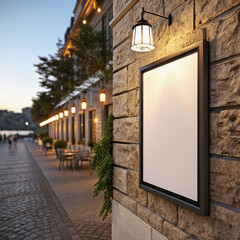 White sign is hanging on a brick wall