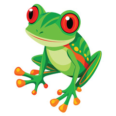 Fototapeta premium A vibrant green tree frog with striking red eyes and bright orange feet clings to an unseen surface white background.