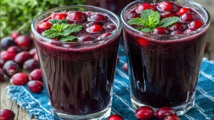 Heatwave & Cooling Concepts. Refreshing Cranberry Juice in Glasses with Mint Leaves and Fresh Berries on a Wooden Table