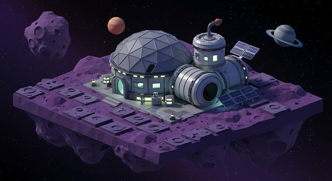 Low-poly Lunar Outpost: Geodesic Dome & Space Habitat on Asteroid Field
