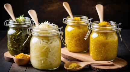 A variety of colorful sauerkraut and pickled vegetables are artfully displayed in glass jars with wooden spoons on a rustic wooden board