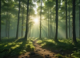 Naklejka premium Sun rays pierce vibrant green forest, creating a dramatic panoramic vista , image, leaves