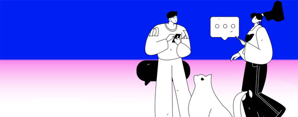 Virtual characters social communication concept business flat vector hand drawn illustration
