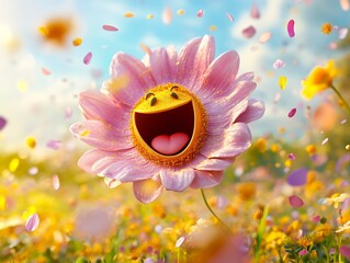 Vibrant cartoon sunflower with a big smile surrounded by colorful flowers and a bright clear sky