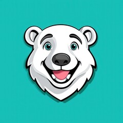 Illustration of a smiling polar bear with blue eyes and white fur on a teal background