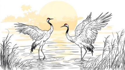 Elegant Cranes Dancing at Sunset in Tranquil Water Landscape