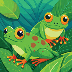Two vibrant green frogs with striking eyes rest peacefully on a large, textured leaf.