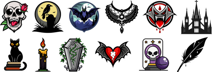 Twelve gothic and Halloween-themed cartoon icons are displayed.