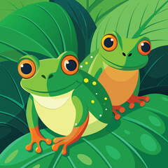 Two vibrant green frogs with striking eyes rest peacefully on a large, textured leaf.