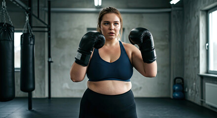 Empowered workout plus size woman boxing punching bag releasing stress. Empowerment, stress relief, strength training concept.