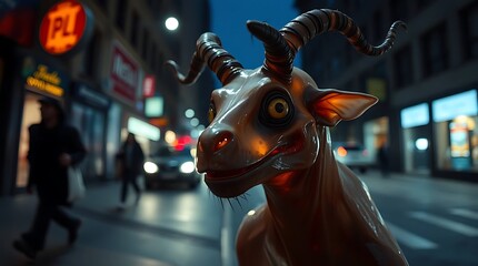 Goat statue gazing on city street at night........