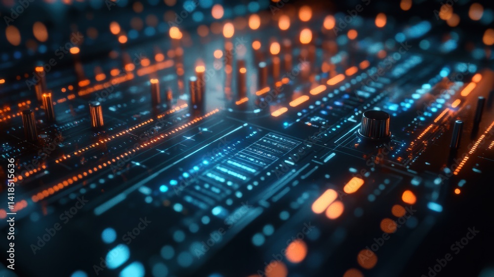 Poster futuristic digital circuit board with glowing lights and patterns
