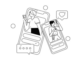 Virtual characters social communication concept business flat vector hand drawn illustration
