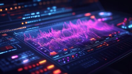Futuristic Data Visualization with Colorful Waveform Graphs and Metrics