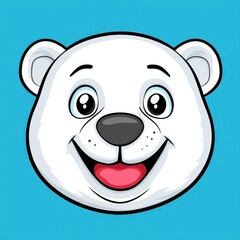 Cheerful cartoon illustration of a smiling polar bear's face with blue eyes and a black nose