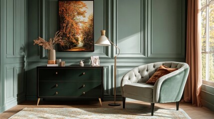 Elegant, muted green and gold living room with a statement armchair.