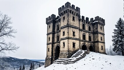 Ancient stone tower, snow-covered hill