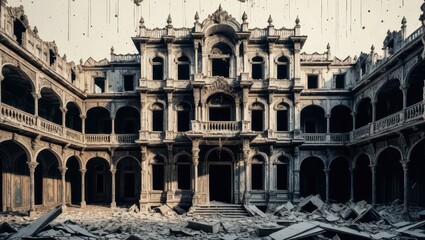 Ruined grand palace, debris-filled courtyard