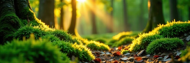 Golden sunlight dapples forest floor, emerald moss glows , sunbeams, moss