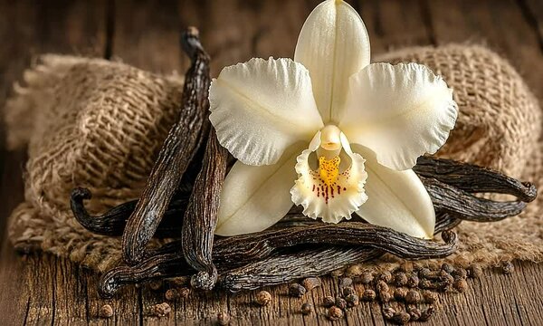 Aromatic vanilla pods and orchid flower on a wooden surface